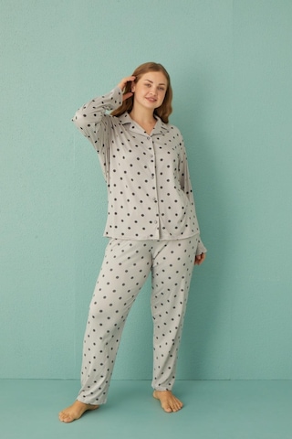 Pemilo Kadın 50801-116 Büyük Beden Önü Düğmeli Pijama Takımı Gri Gri