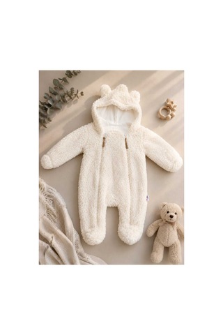 Omeca Concept Welsoft Peluş Bebek Tulumu Kapüşonlu Kulak Detaylı Kışlık Bebek Tulumu ekru