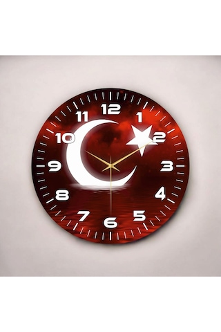 Renkli Baskı Türk Bayrak Desenli Sayılı Yılbaşı Hediyelik Ahşap Sessiz Tablo Duvar Saati D376 Çok Renkli
