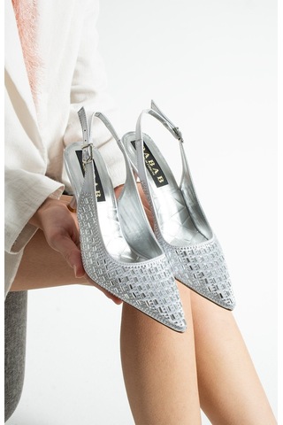 Dabab Shoes Merıa Kadın Gümüş 7 Cm Sivri Burun Kristal Taş İşlemeli Slingback Topuklu Ayakkabı
