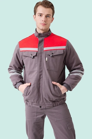 Kışlık İş Montu Grikırmızı Reflektörlü Gabardin Royal Mont İçi Kapitoneli Sıcak Tutan Gri-Kırmızı