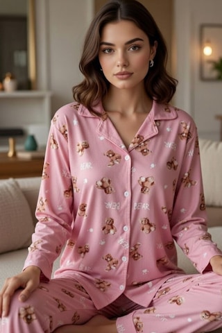 Rukod Kadın Mor Ayıcık Desenli Süet Gömlek Yaka Düğmeli Uzun Altlı Pijama Takımı Pembe