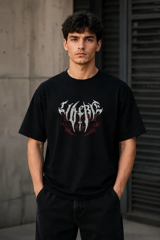 Veraura Lifestyle Erkek Gotik Yazı Baskılı Oversize Bisiklet Yaka T-shirt - Siyah