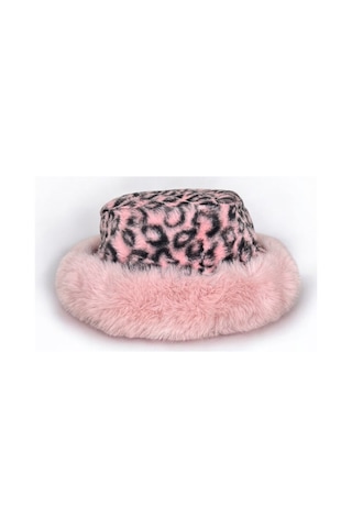Me-vo Leopar Desenli Pembe Peluş Kürk Şapka, Yumuşak Faux Fur Kenarlı Pembe