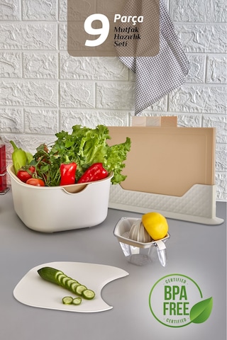 9'lu Mutfak Hazırlık Seti - Yatay Standlı Kulplu Kesme Tahtası Karıştırma Kabı Süzgeç Limon Sıkacağı Bej