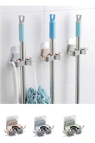 3 Adet - Paspas Süpürge Fırça Ve Mop Askısı Sap Tutucu Mutfak Ban