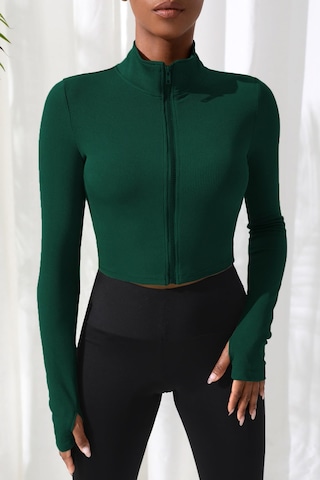 Angbutik Kadın Yeşil Uzun Kol Fermuarlı Parmak Geçme Detaylı Dik Yaka Crop Top Bluz
