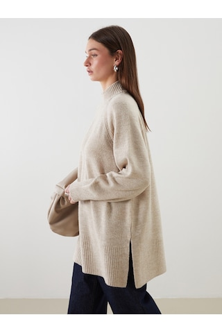 Lcw Modest Ekru Dik Yaka Oversize Kadın Triko Tunik