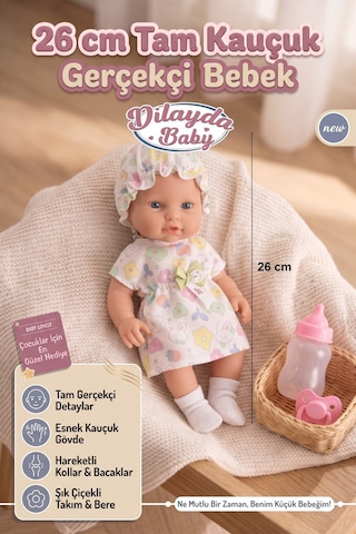 26 Cm Tam Kauçuk Gerçekçi Et Bebek - Kıyafetli, Biberonlu & Emzikli Set Y 20233976