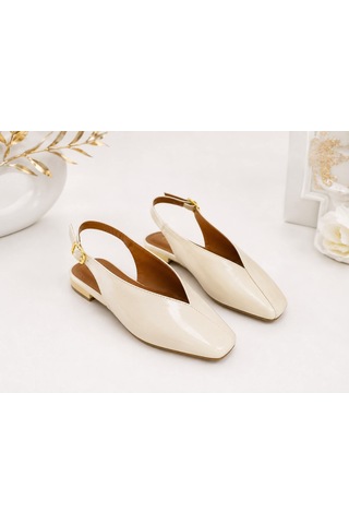 Dabab Shoes Lıvora Kadın Krem Kare Burun Tokalı Düz Taban Slingback Casual Babet Ayakkabı