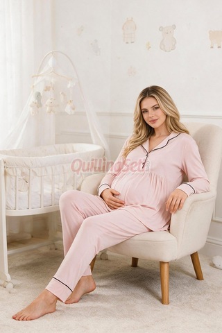 Lady Bebe Pembe Renkli Kol Ve Paçaları Manşetli, 33202 Uzun Kol, 2 Parça Lohusa Hamile Pijama Takımı Açık Pembe