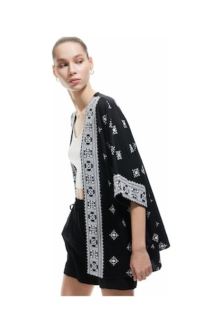 Koton Viskon Yarım Kollu Etnik Kimono Siyah Desenli 5sal50004ıw Siyah Desenli