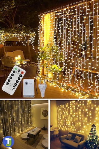 Technojet 2,5 x 2,5 M Kumandalı Perde LED 8 Modlu Kalın Kablolu 12 Saçak 180 LED Dekoratif Aydinlatma Parti organizasyon