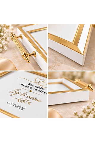 Bk Gift Kişiye Özel Beyaz&gold Söz Nişan Tepsisi-6 - 39x23 Cm Çok Renkli