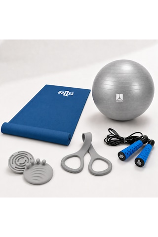 Evde Pilates Ve Fitness Seti - Pilates Matı 4mm + 65 Cm Pilates Topu + Silikon Direnç Lastiği + Ayak Masaj Pedi Mavi