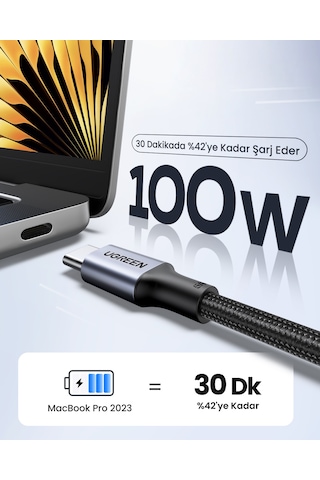 Ugreen Usb-c 100w 5a Qc Pd Örgülü Hızlı Şarj Kablosu, 1 M, Siyah, 70427