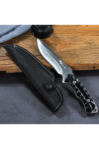 Valkyrie 26 Cm Büyük Boy Çelik Sabit Bıçak Outdoor Kamp Av Bıçağı + Kılıf Ergonomik Paslanmaz Çelik Siyah Siyah