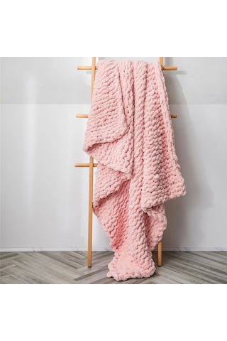Sones El Yapımı Kalın Yün Örgü Battaniye Kanepe Şönil Çubuk Örgü Battaniye, Boyut: 80 X 100 Cm Pembe
