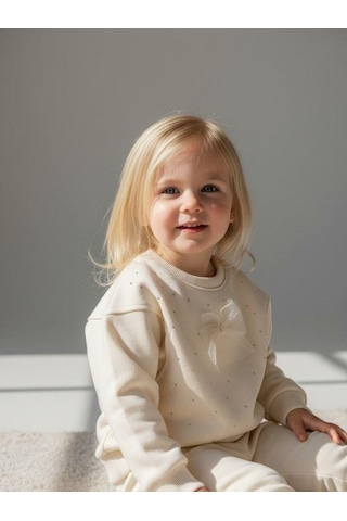 Zekids Kız Bebek Pamuklu Taşlı Fiyonk Detaylı Oversize Tasarım Sweatshirt-16558 Krem