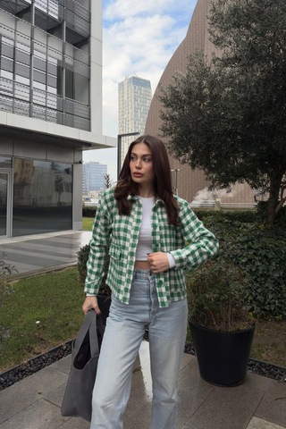 Kadın Yeşil Çift Cepli, Pötikare Desenli, Rahat Kalıp, Kısa Tüvit Ceket Benetton