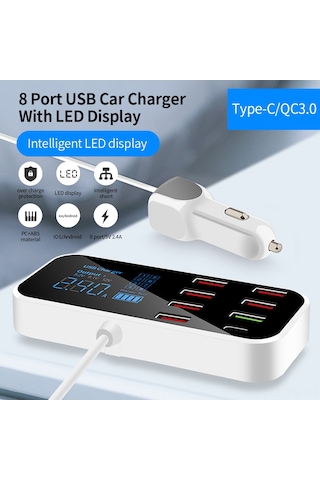 Jeemson A9s+ Araç Şarj Cihazı 8 Usb Portu Led Ekran Qc3.0 Hızlı Şarj Type-c Akıllı Akım Dağıtımı 40w Maksimum Güç
