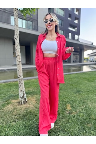 Kadın Gofre Alt Üst Gömlek Fuşya Pantolon Takım - S504472 Pembe