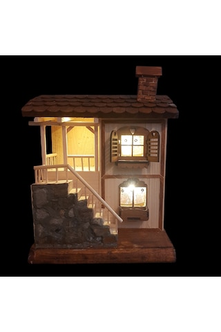 Işıklı El İşçiliği Dekoratif Taş Merdivenli Sekili Köy Evi Model Duvar Askılı Anahtarlık ve Gece Lambası