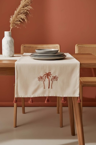 Palmiye Nakışlı Buldan Kumaş Runner 50x130 Cm Krem