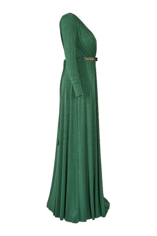 Explosion Maxi Abiye Elbise: Uzun Kol, V Yaka, Şık Kemer Detayı Yeşil