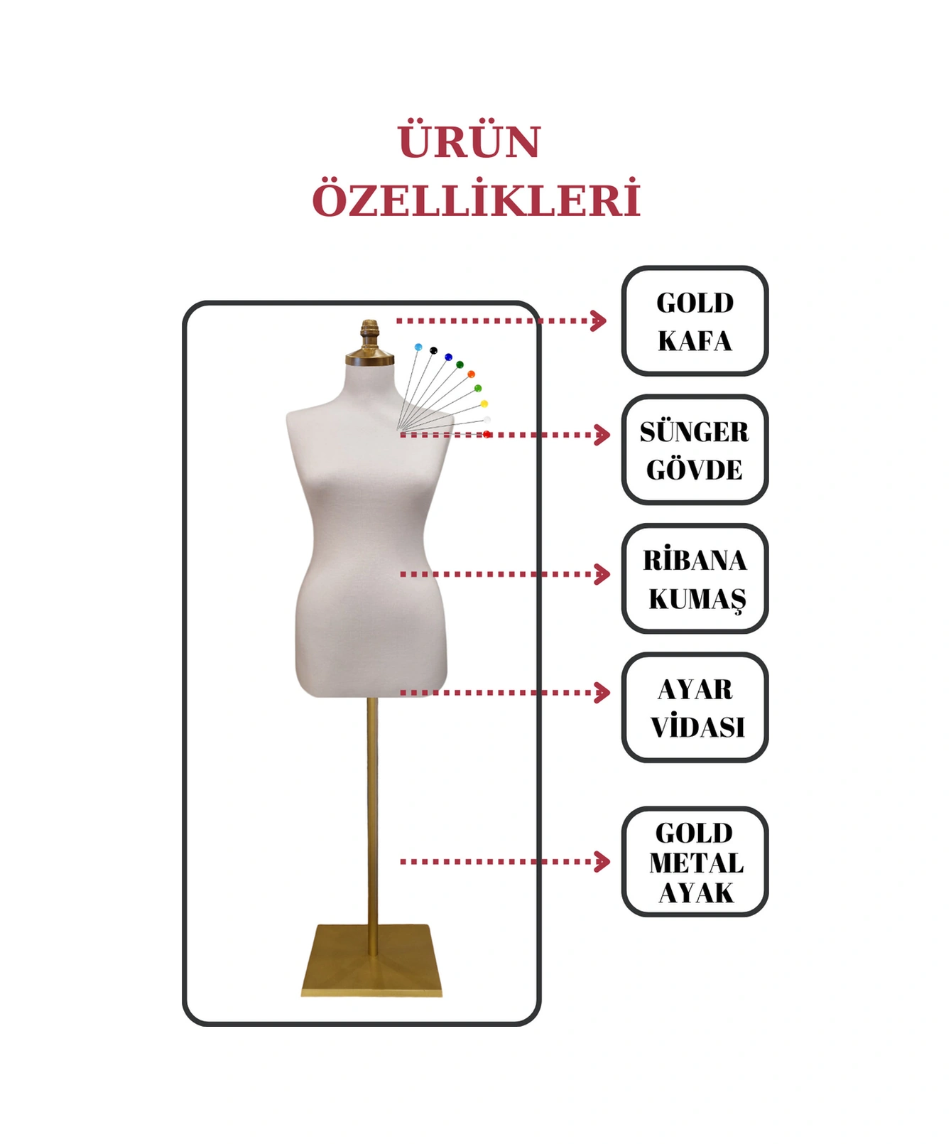 38 Beden Iğne Batabilen Terzi Mankeni Prova Mankeni Sünger Manken Gold Ayaklı Beyaz Kumaş Po-01