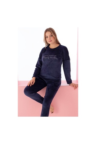 Luxury Velvet Fransız Kadife Yazı Detaylı Pijama Takımı Lacivert Beyaz - Lacivert