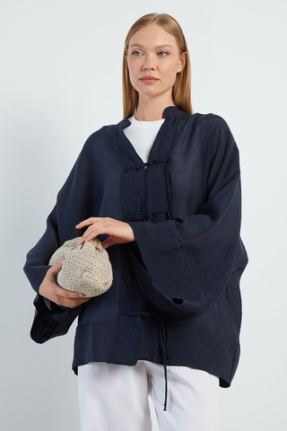 Fullamoda Geniş Kol Oversize Transparan Kimono Lacivert