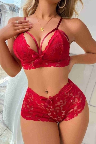 Merry See Dantel Şık Sütyen Külot Takım İç Giyim Kırmızı 001