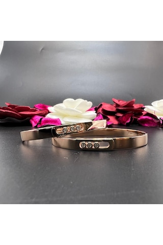 925 Ayar Gümüş Rose Kaplama Zirkon Taşlı Kelepçe Bileklik Modern Kadın Bileklik Gümüş