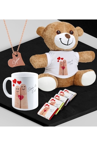 Kişiye Özel Sevgili Peluş Ayı Kupa Madlen Çikolata Ve Rose Kalp Kolye Set - 84