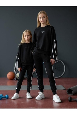 Kız Çocuk Kolları Fiyonklu Oversize Tasarım Sweatshirt-16468 Siyah