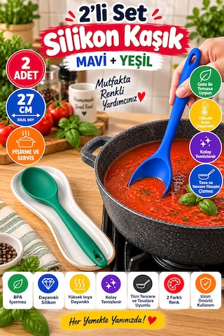 2'li Set Mavi Yeşil Büyük Boy Silikon Kaşık 27 Cm Mutfak Yemek Pişirme Ve Servis Kaşığı 2 Renkli Set