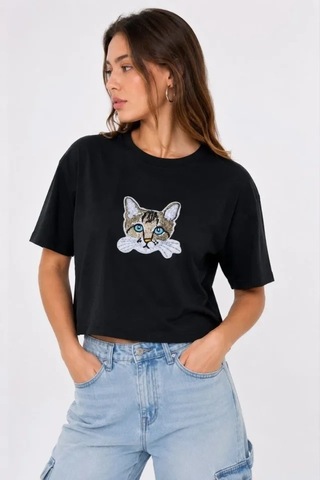 Defymoda Kedi Baskılı Oversize Crop Tişört Salaş Basic Yarım Kol T-shirt - Siyah Mavi