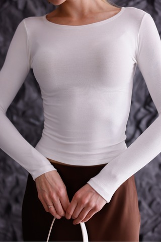 Buzzy Kumaş Uzun Kollu Kayık Yaka Bluz Beyaz