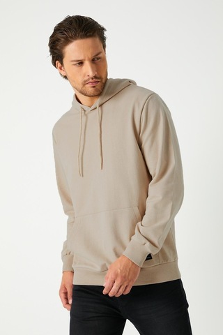 MMetalic Bej Erkek Kapüşonlu Kanguru Cepli Sweatshirt Bej