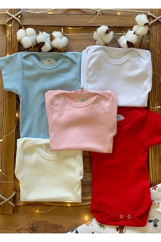 Betül Bebek Kısa Kollu 5'li Organik Pamuk Çıtçıtlı Bebek Body&zıbın Kırmızı,pembe,ekru,mavi,beyaz Çok Renkli