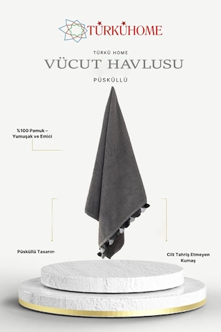 Püsküllü Yumuşak Pamuk Havlu Yüksek Emicili Vücut Havlusu 70x130 Cm Gri