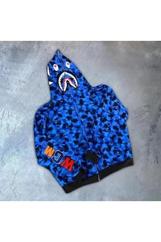 Mbb E-ticaret Unisex 2 İplik Bape Kapüşonu Fermuarlı Hırka - Mavi