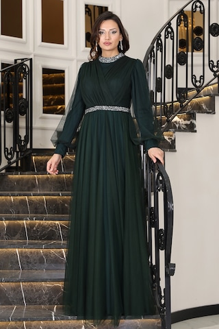 Senna Taş Detaylı Büyük Beden Şık Tesettür Abiye Zümrüt