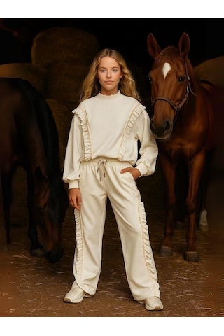 Kız Çocuk Fırfırlı Tasarım Eşofman Takımı-16228 Ekru