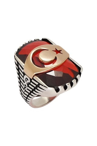 Kırmızı Zirkon Taşlı Ay Yıldızlı 925 Ayar Gümüş Erkek Yüzük