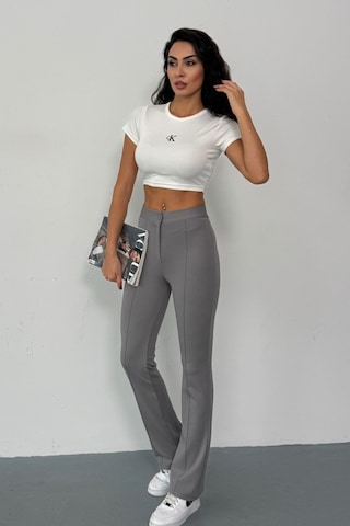 Krep Kumaş Likralı Önü Çimalı Kahverengi Kadın Palazzo Pantolon Gri