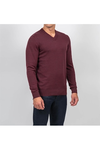 Erkek V Yaka Triko Slim Fit Pamuklu Kazak Ncs Jeans 3002-Bordo