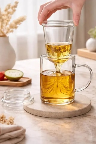 1 Adet Süzgeçli Cam Kupa Bardak 400 Ml Çift Cidarlı Isı Yalıtımlı Bambu Kapaklı Bitki Çayı Fincanı S Şefaf
