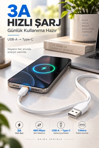 Type-c Şarj Ve Data Kablosu 100 Cm 3a Yassı Esnek Sakız Kablo Usb-a To Type-c 1 Metre Şarj Kablosu
